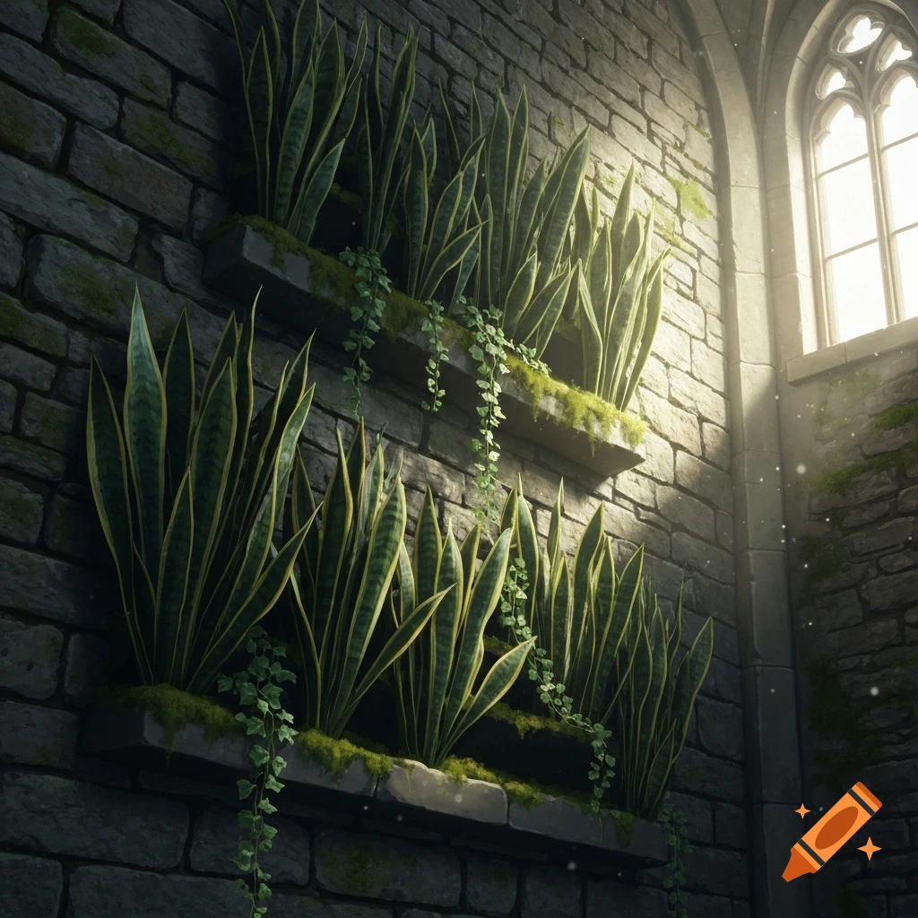 Snake plants in wall planters on a mossy medieval stone wall, illuminated by light from a gothic window.