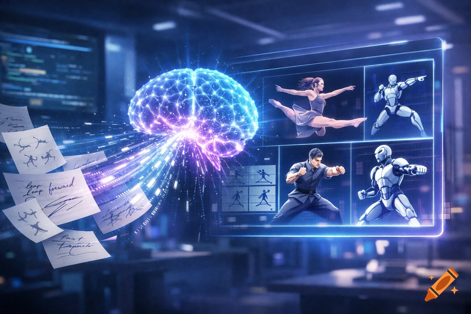 A glowing blue and purple brain with data streams and floating papers, alongside a holographic screen showing a dancer, martial artist, and robots.