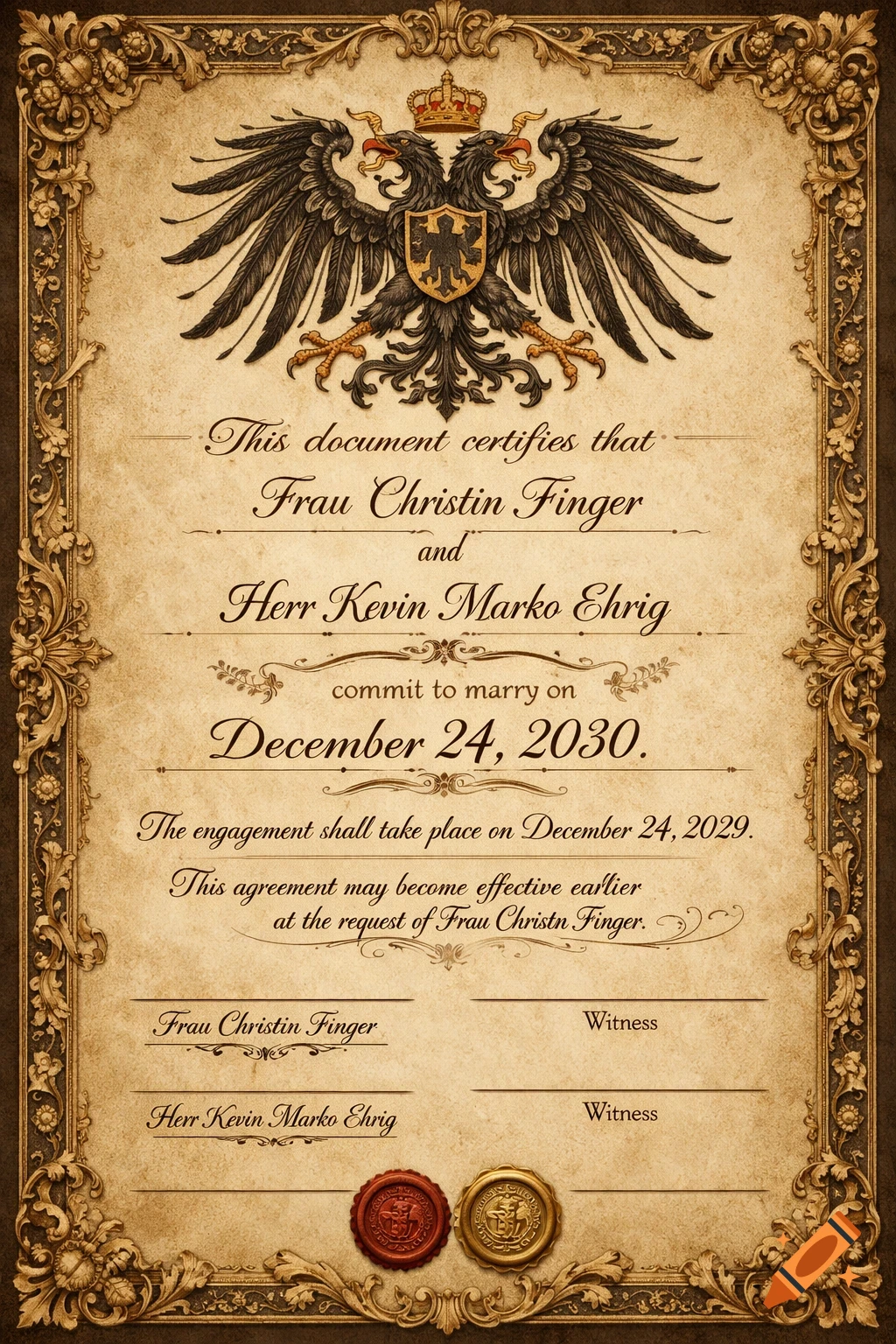 A vintage-style certificate with an ornate gold frame and an imperial eagle emblem. It certifies the marriage commitment of Frau Christin Finger and Herr Kevin Marko Ehrig, with dates and signature lines.