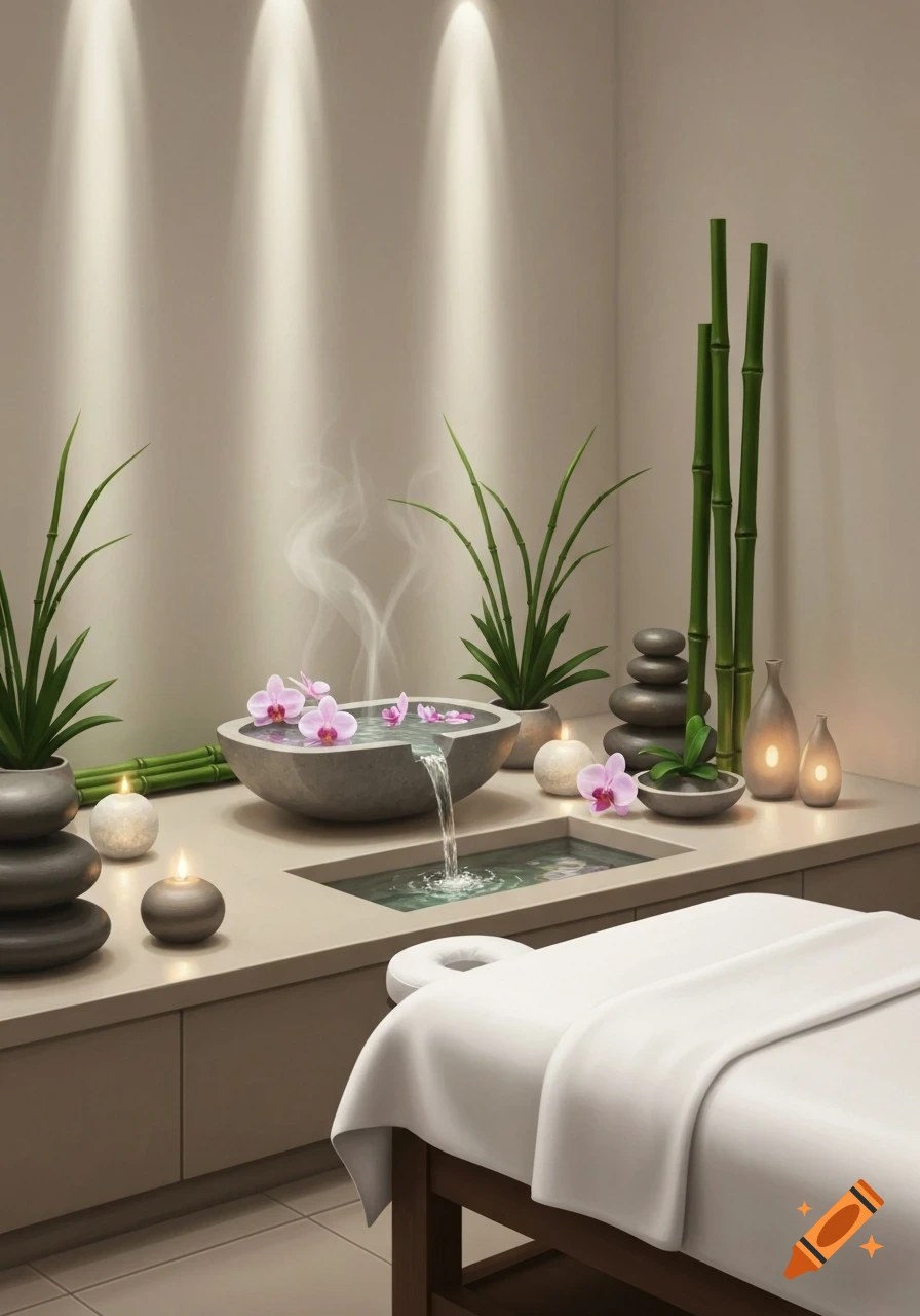 Serene photorealistic spa room with a stone water feature, pink orchids, lit candles, bamboo plants, and a white massage bed.