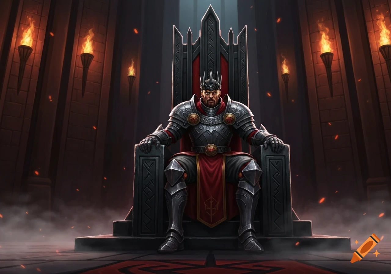 A stern king in elaborate armor and a spiked crown sits on a dark, ornate throne in a torch-lit, medieval-style hall.
