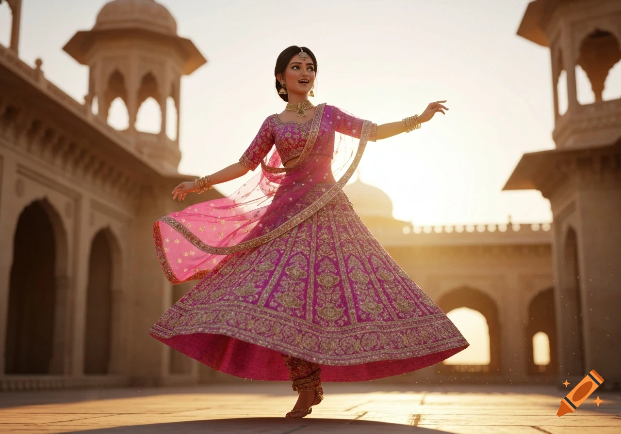 An Indian woman in a vibrant pink lehenga dances joyfully in a traditional palace courtyard at sunset.