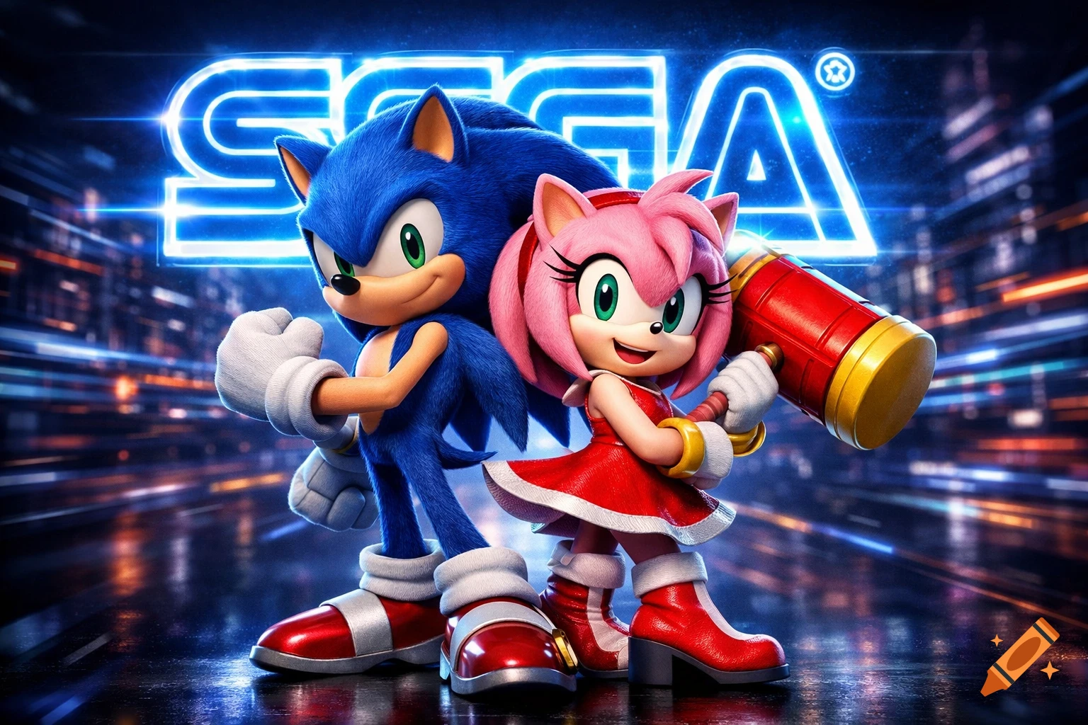 Sonic and Amy stand before a neon SEGA logo in a futuristic 3D render.