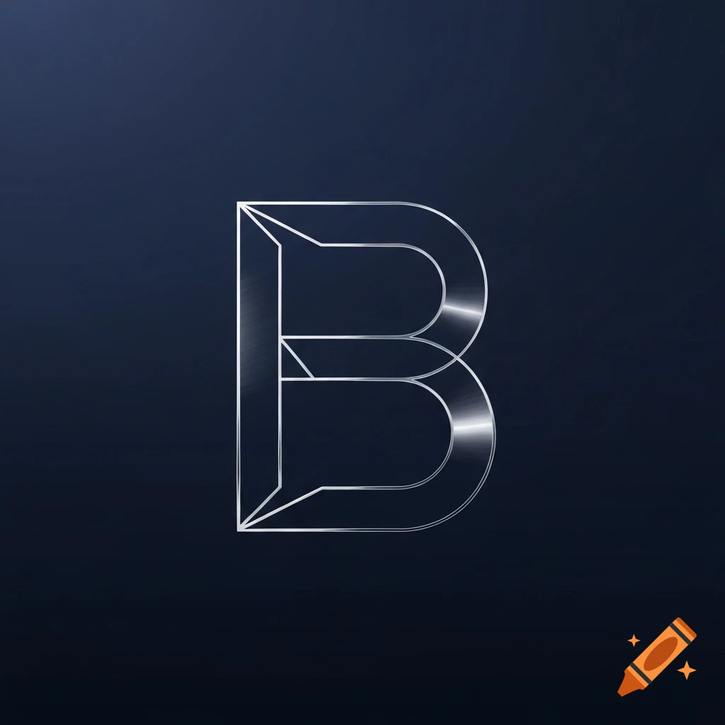 A stylized, metallic letter B with geometric outlines and chrome accents on a dark blue background.