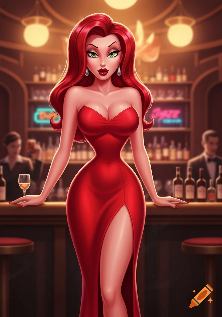A highly stylized cartoon woman with long red hair and a red strapless dress stands at a bar.
