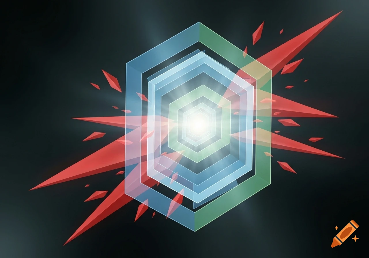 A tunnel of transparent, glowing hexagonal shapes with red geometric spikes exploding outwards on a dark background, digital art.