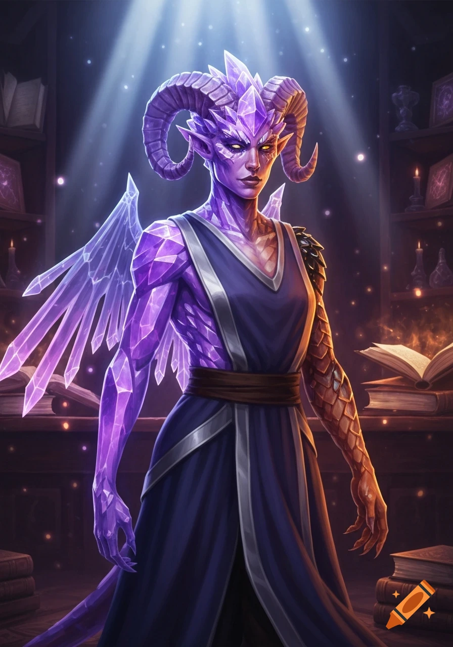 A purple crystal dragonborn tiefling spellcaster with horns and crystal wings, wearing a dark robe in a library. Fantasy art.