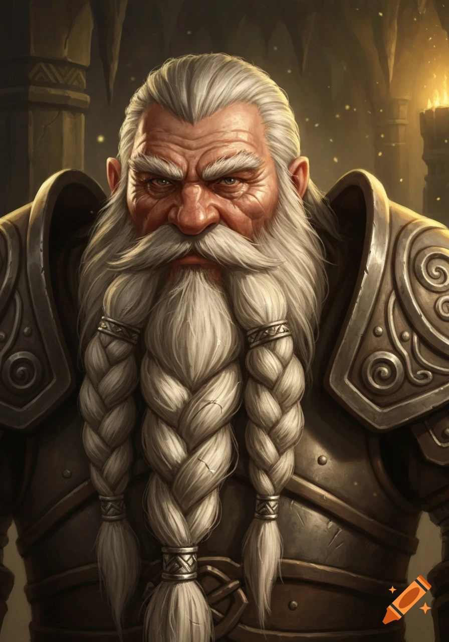 Close-up portrait of an older fantasy dwarf with a long white braided beard, stern expression, and ornate armor.