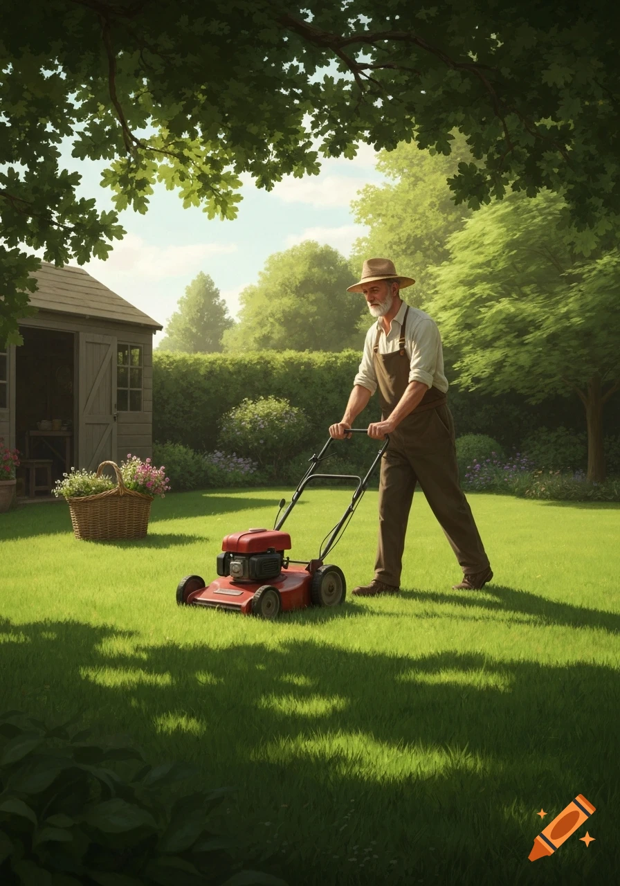 An elderly man in a straw hat and overalls mows a sunny green lawn with a red lawnmower in a well-kept garden with a shed and trees.