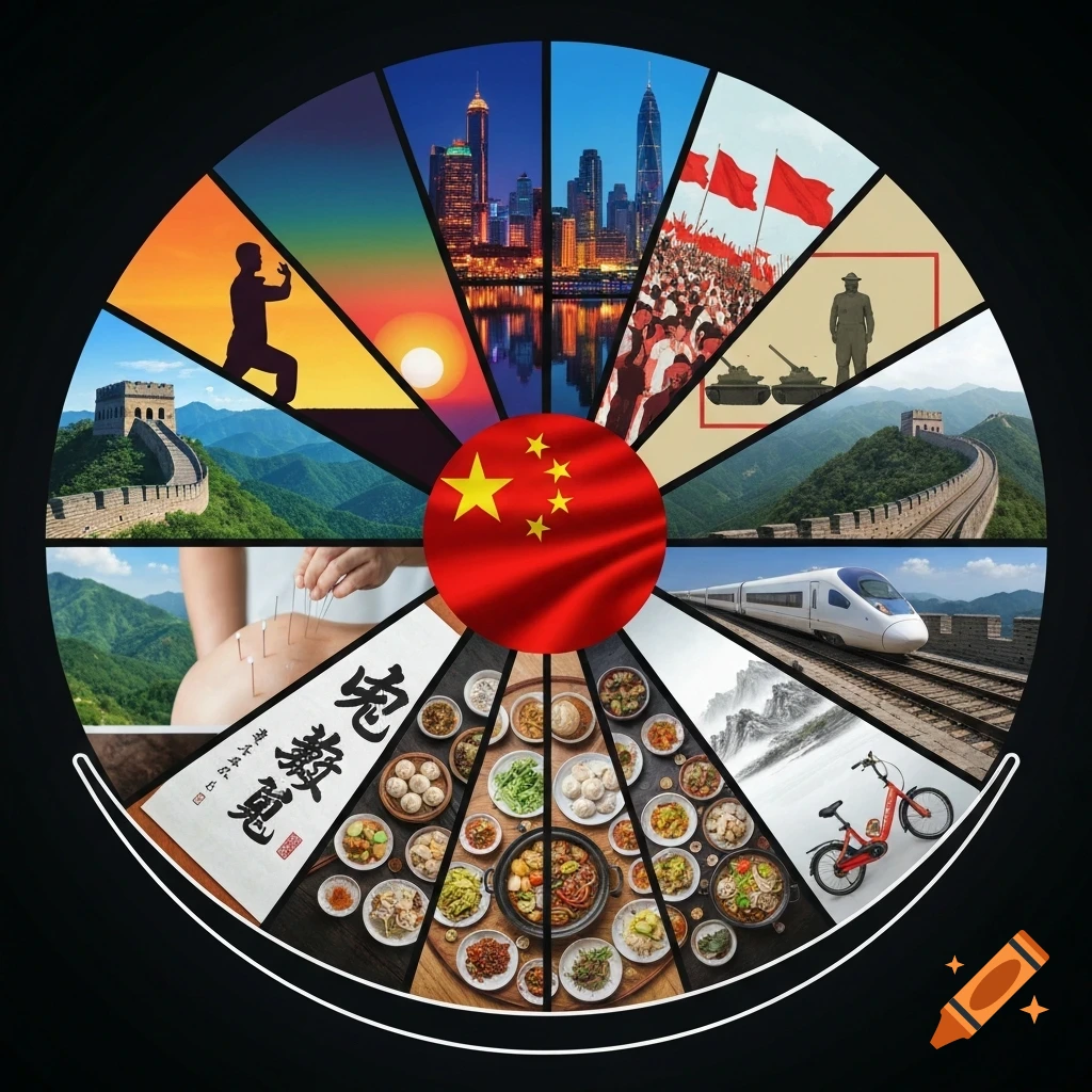 A circular kaleidoscope collage featuring twelve different aspects of China, with the Chinese flag in the center. Segments include the Great Wall, a city skyline, Tai Chi, high-speed train, acupuncture, calligraphy, traditional cuisine, and a political rally.