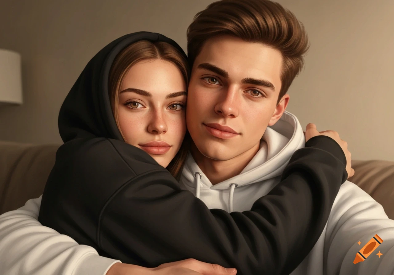 Ultra-realistic indoor selfie of a young couple, girl in black hoodie hugging boy in white hoodie, cozy and intimate.