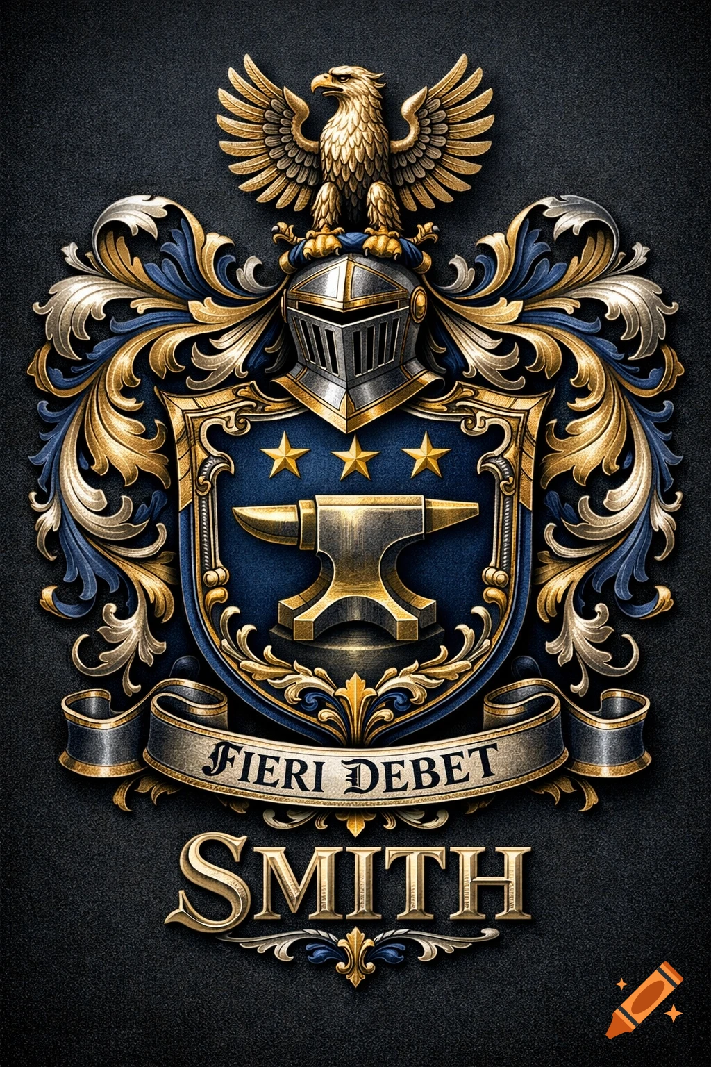 A detailed gold, silver, and blue family crest featuring an eagle, knight's helmet, anvil, and stars, with "FIERI DEBET" and "SMITH"