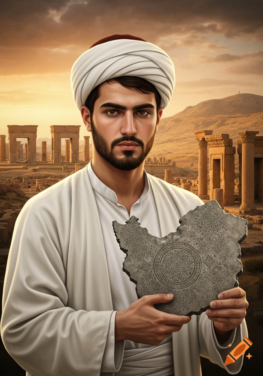 Realistic portrait of a young Persian man in white dervish attire, holding an Iran-shaped stone tablet, against ancient ruins at sunset.