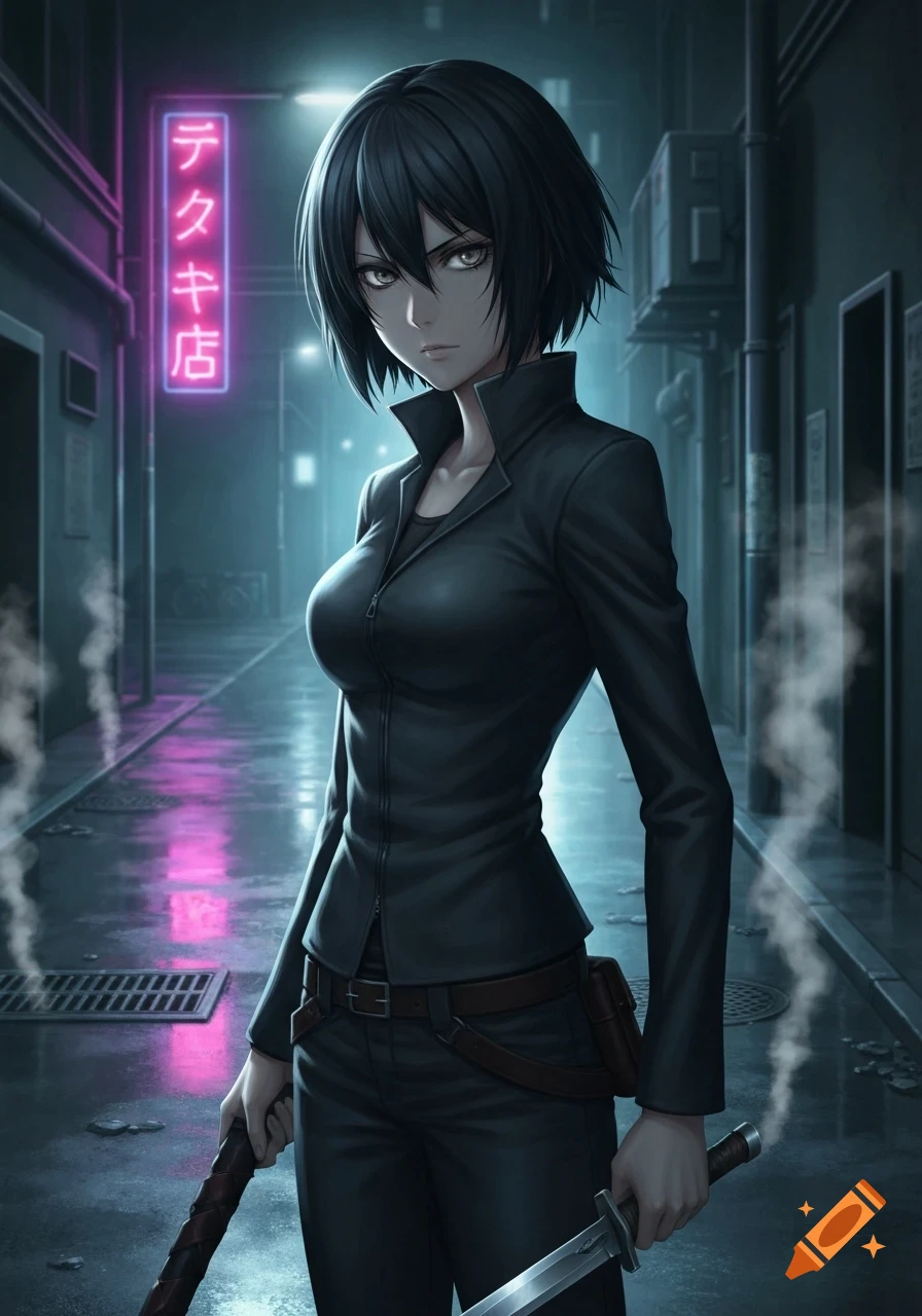 Anime woman with short dark hair and a stern expression, dressed in a black jacket and pants, holding a sword in a neon-lit urban alleyway.