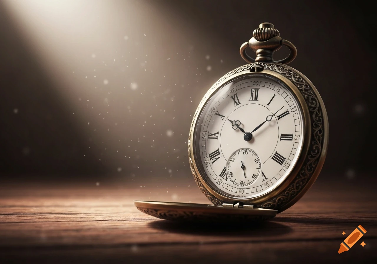 An antique bronze pocket watch with Roman numerals open on a wooden table, illuminated by a beam of light with dust motes.