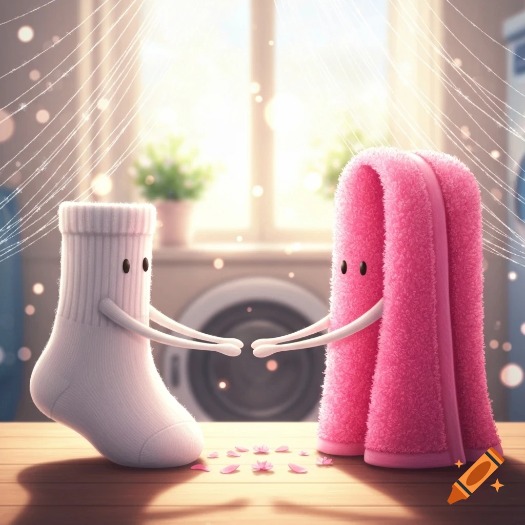 A cute white sock and pink towel with faces and arms reaching for each other, surrounded by petals in a sunlit laundry room.
