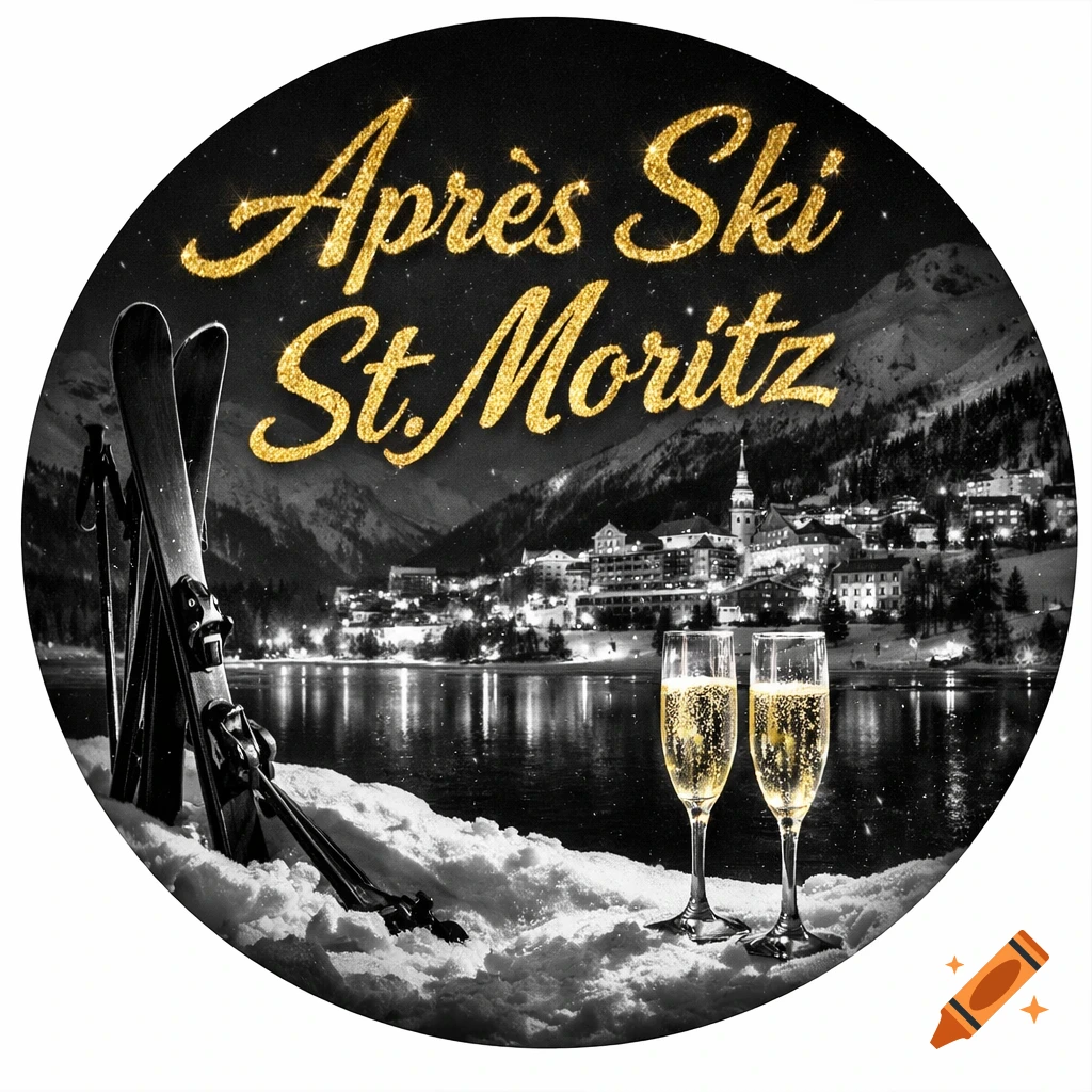 Round black and white image of skis, two champagne glasses in snow, and a lit-up St. Moritz landscape, with gold glitter text "Après Ski St. Moritz".