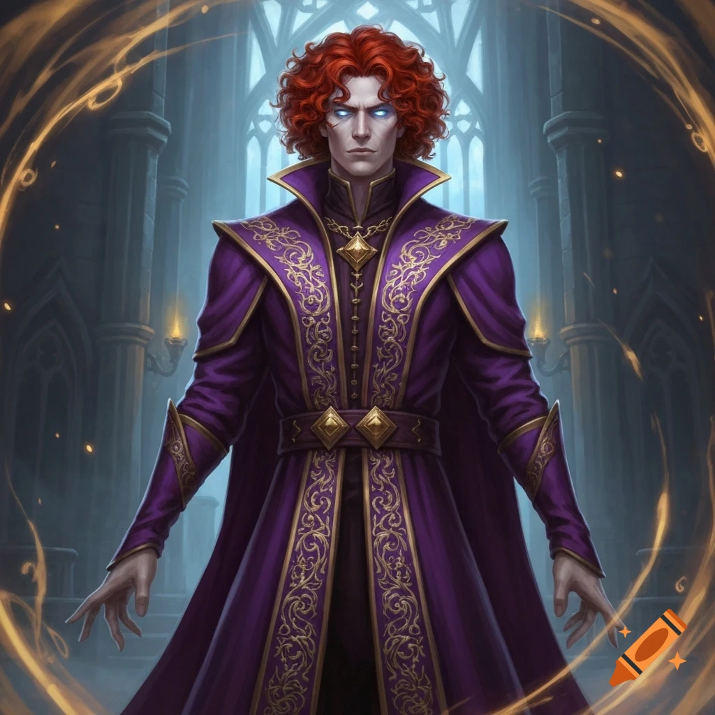A male wizard with red curly hair, pale skin, and glowing blue eyes in an ornate purple and gold robe stands in a gothic hall, surrounded by magic, in a video game style.