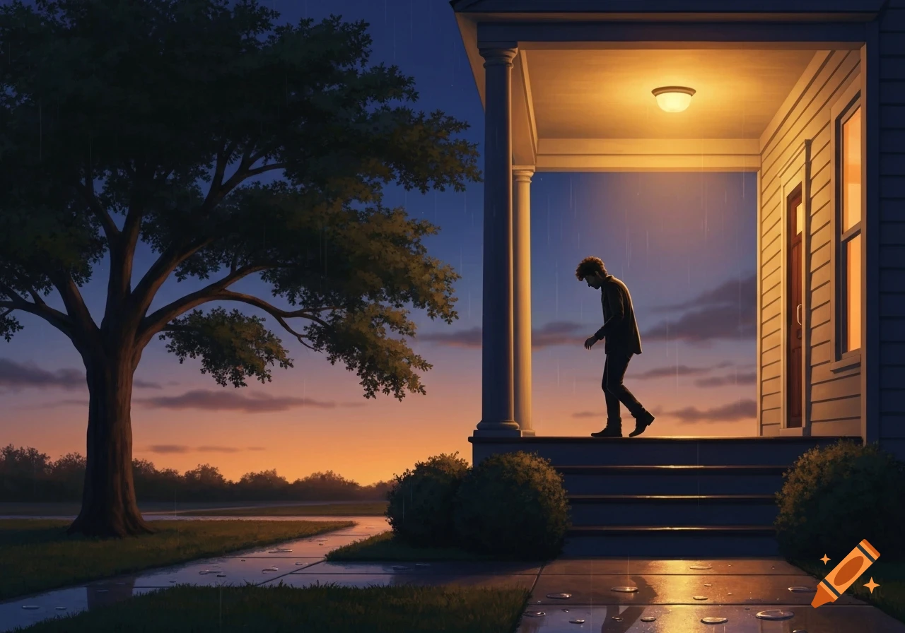 A figure walks off a lighted porch into the evening rain, head down, with a large tree and wet path nearby in a stylized digital painting.
