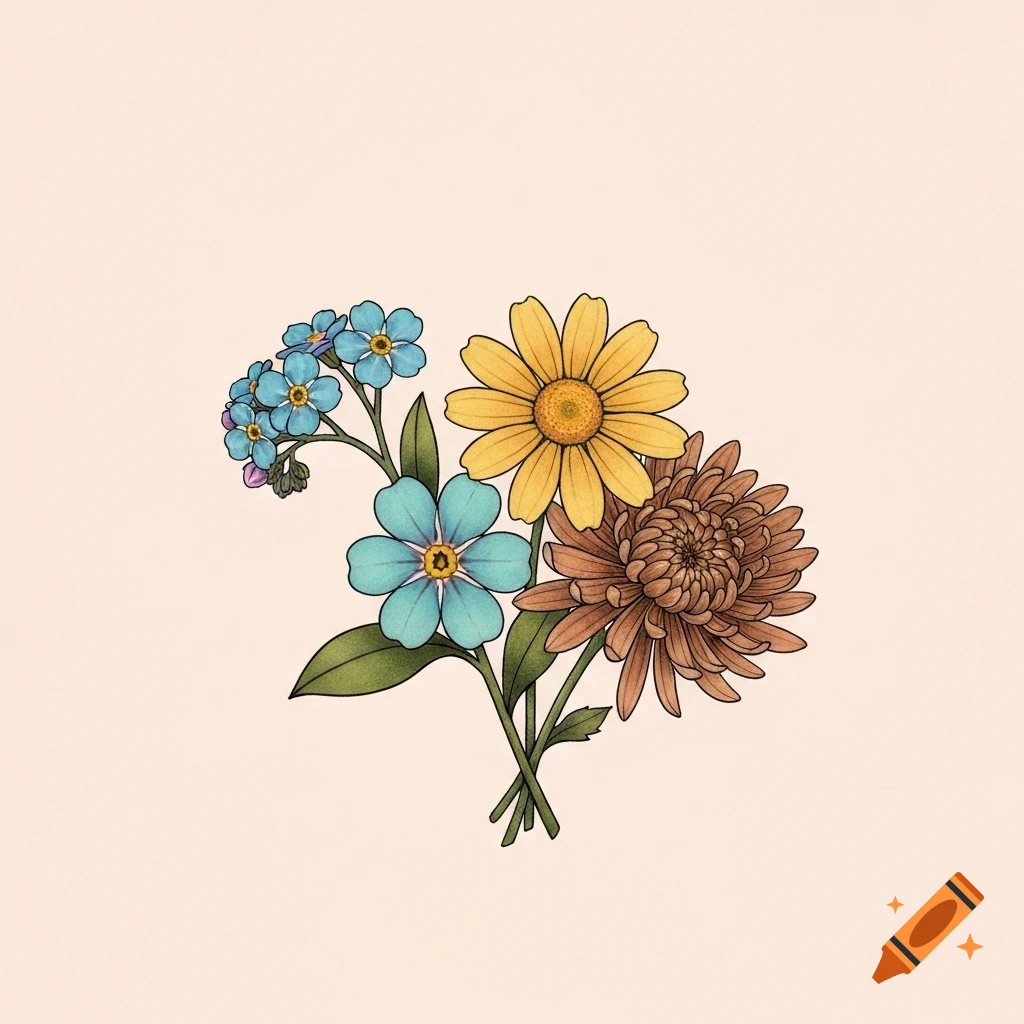 An illustration of a small bouquet featuring blue forget-me-nots, a yellow daisy, and a brown chrysanthemum on a light background.
