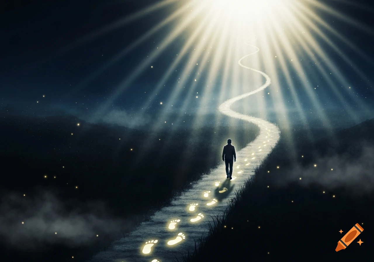 A silhouetted person walks on a winding path of glowing footprints towards a bright, radiant light in a dark, misty landscape.