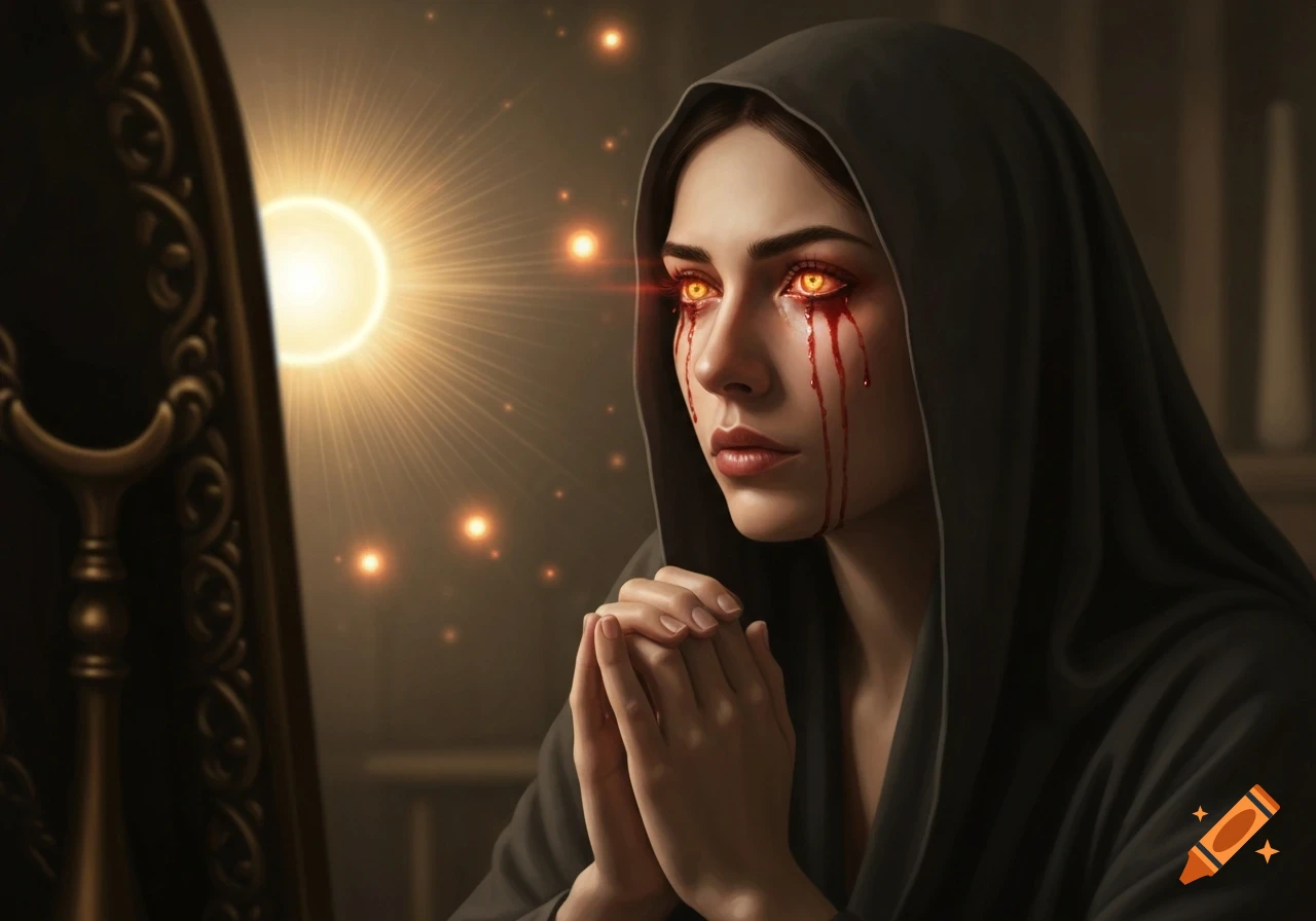 A hooded woman with glowing eyes and blood tears prays before a bright light.