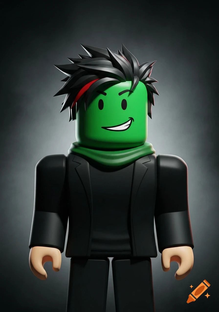 Roblox avatar with a green square head, smirk, black spiky hair with a red streak, black jacket, and green scarf, against a dark background.