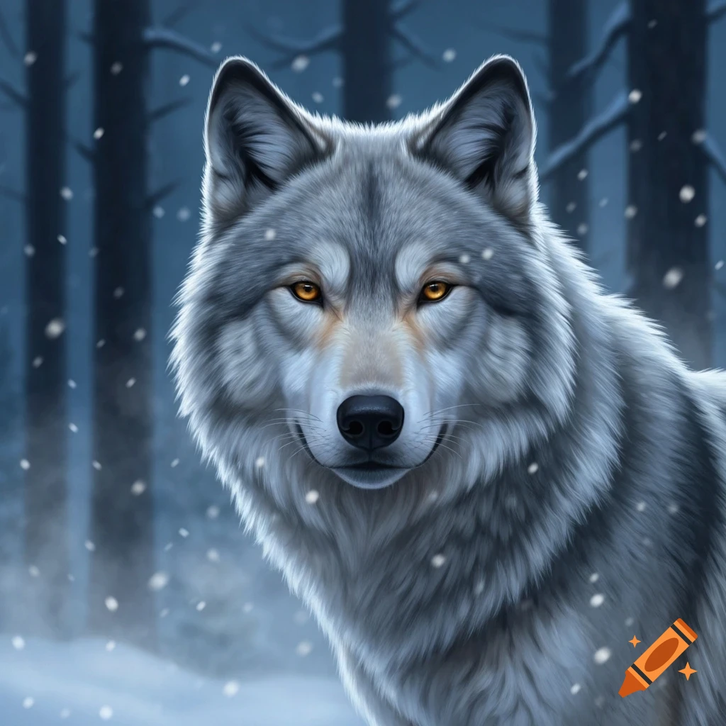 A majestic gray wolf with amber eyes looks directly forward in a snowy forest, digital art.