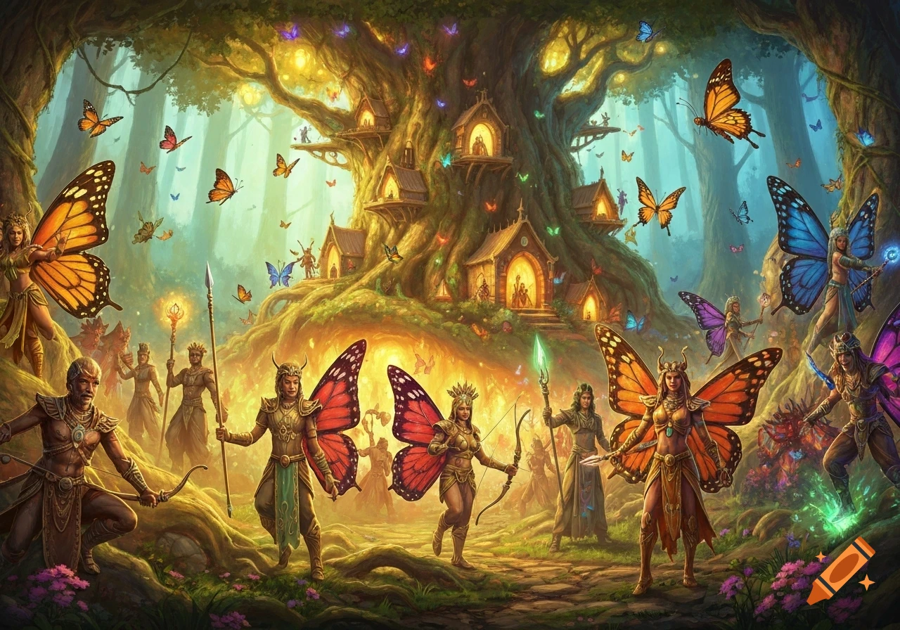 Vibrant fantasy illustration of a butterfly tribe in a magic forest with glowing tree houses and many colorful butterflies.