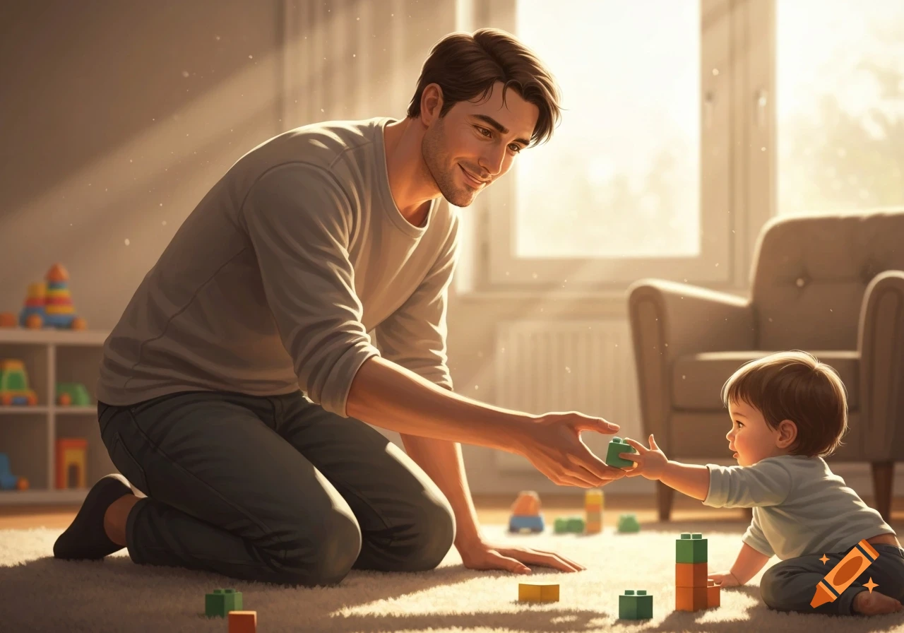 A smiling father and a toddler play with colorful building blocks on a rug in a sunlit room, photorealistic.