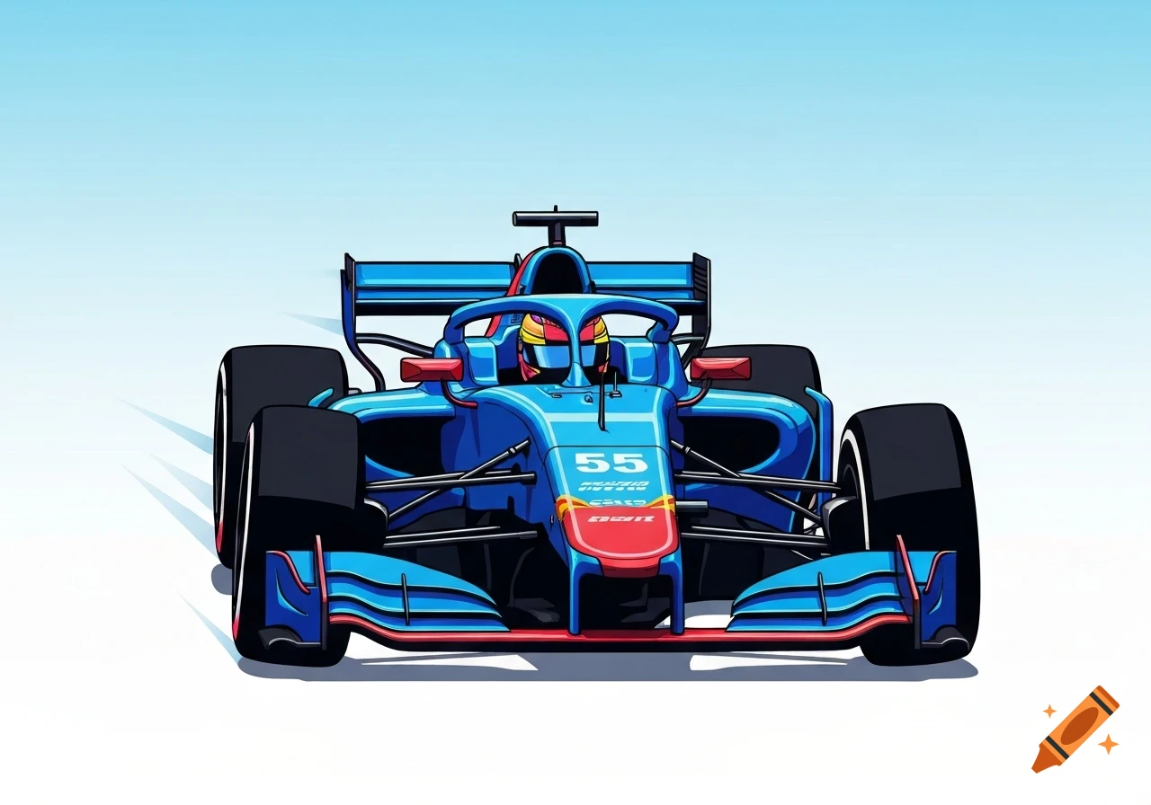 A blue F1-style race car with red and black accents and the number 55 on the front, in a clean clipart style.