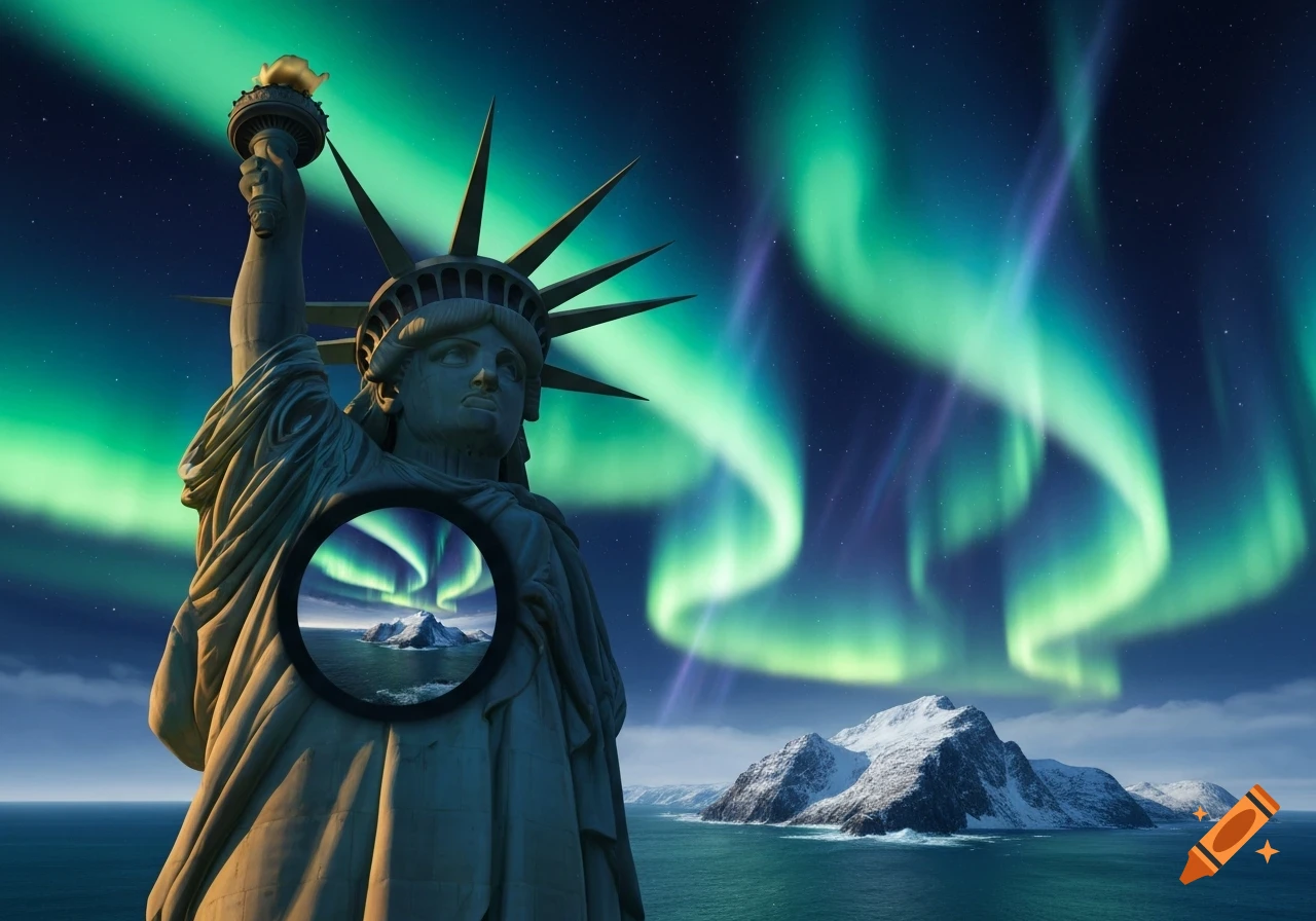 Statue of Liberty with a circular cutout showing a snowy island in the ocean under an aurora borealis sky.