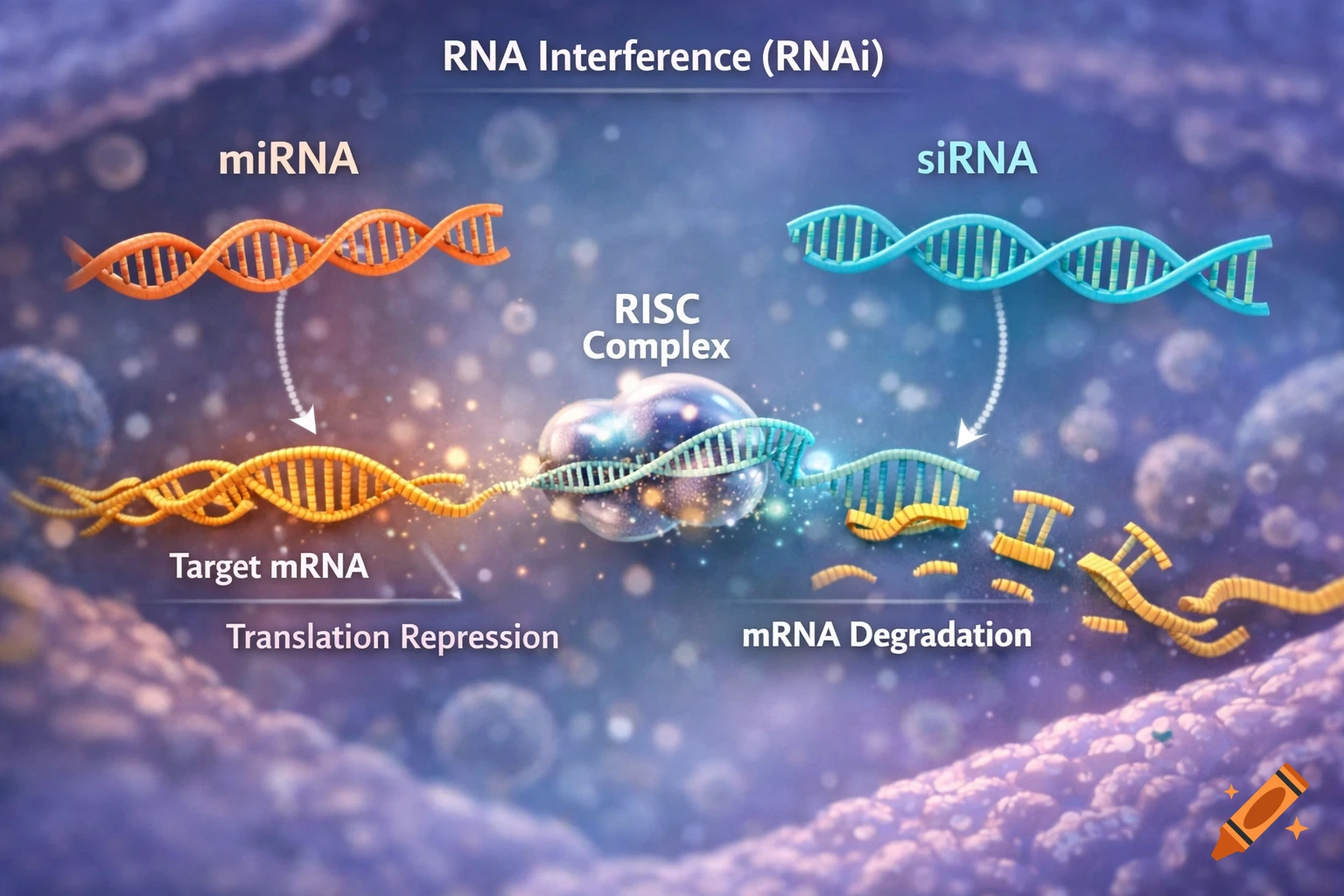 Scientific illustration of RNA interference (RNAi) showing miRNA and siRNA pathways with the RISC complex.