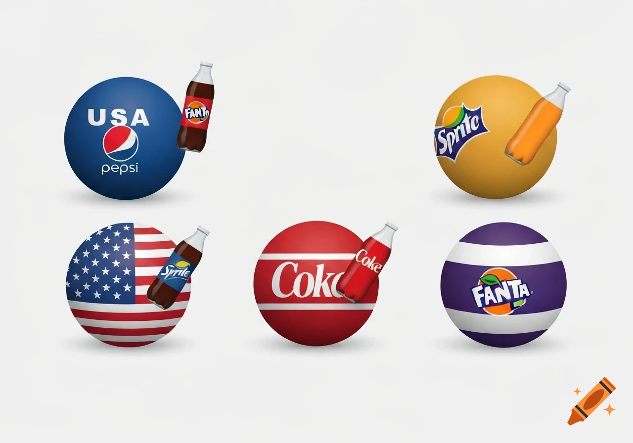 Six countryball-like spheres and soda bottles. Includes US flag, Pepsi, Coke, Sprite, and Fanta logos on spheres and bottles.
