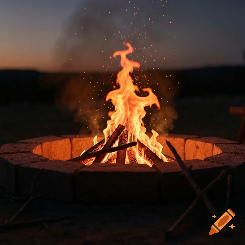 A photorealistic close-up of a bright campfire burning in a stone fire pit at dusk, with embers flying.