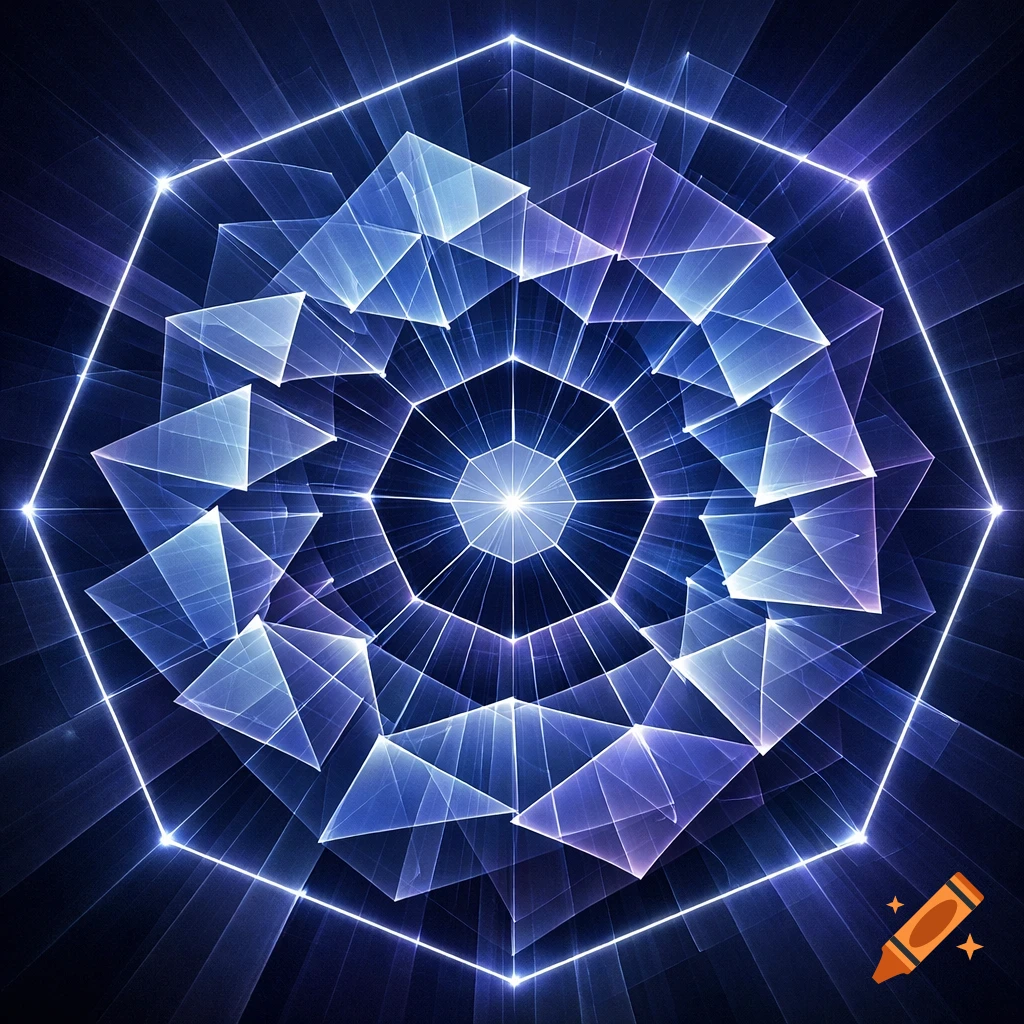 An abstract geometric pattern of glowing blue and purple translucent triangles and polygons arranged concentrically within an octagonal frame.
