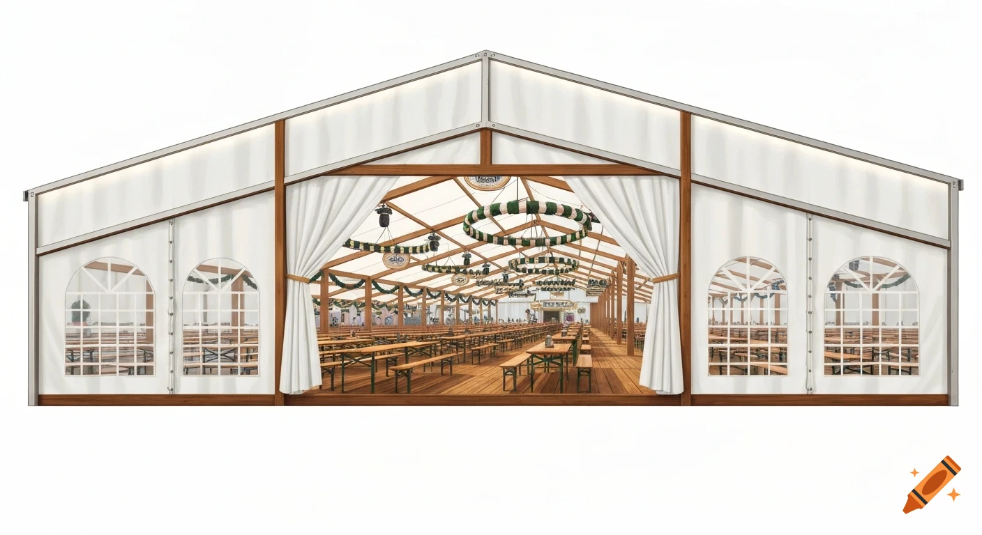 A large white Oktoberfest tent, open to show rows of wooden benches and tables inside, decorated with green and white garlands.