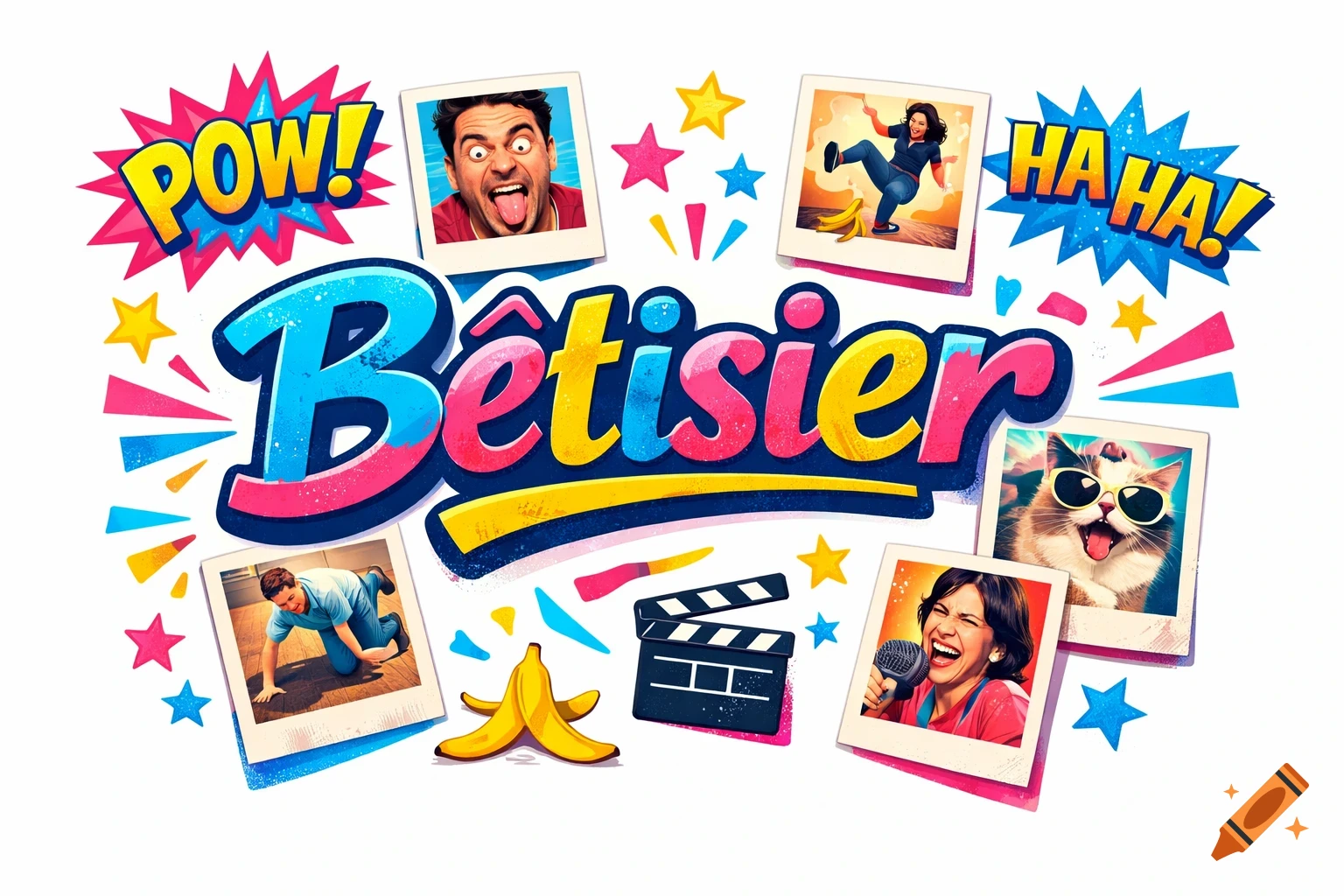 Colorful comic-style illustration featuring the word "Bêtisier" surrounded by polaroid photos of funny moments, including a man with a silly face, a woman slipping on a banana, a cat in sunglasses, and a woman laughing into a microphone, with "POW!" and "HA HA!" speech bubbles.