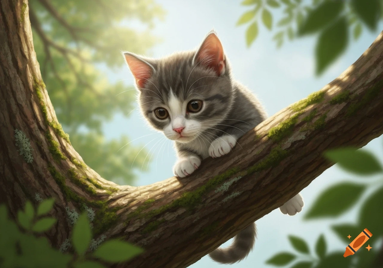 A cute grey and white kitten with big eyes perches on a mossy tree branch, looking down. Bright green leaves and sky in background.