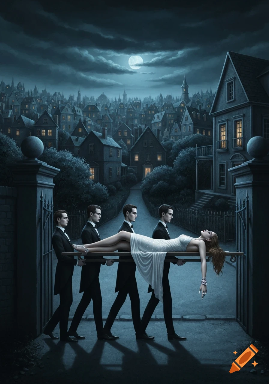 Four solemn men in tuxedos carry a woman on a stretcher through a dark, moonlit town with many houses, in a gothic illustration style.