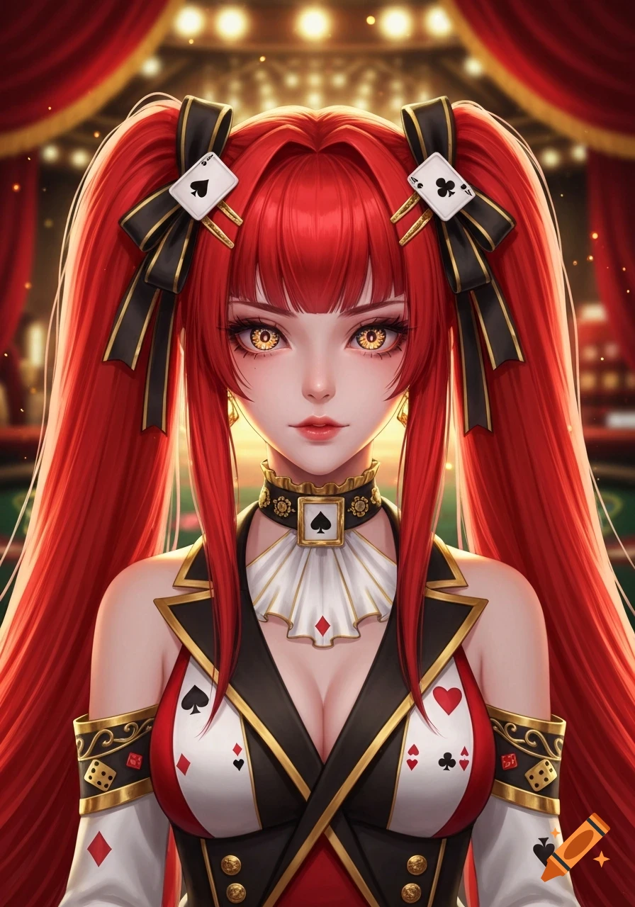 An anime-style VTuber character with long red pigtails and golden, roulette-inspired eyes, wearing a black, white, and red casino-themed outfit with playing card symbols.