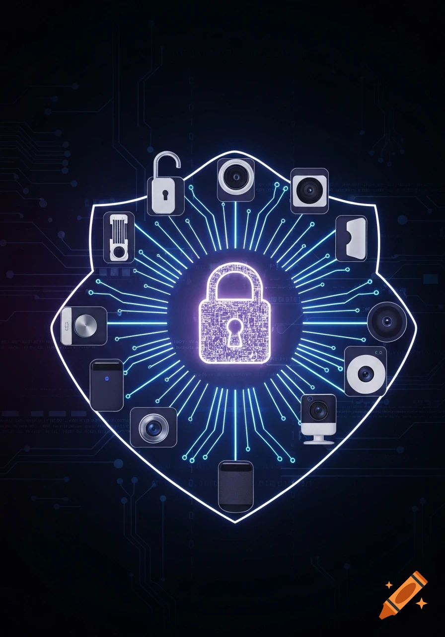 Glowing digital shield with a padlock and IoT device icons surrounded by neon circuits on a dark background, symbolizing cybersecurity.