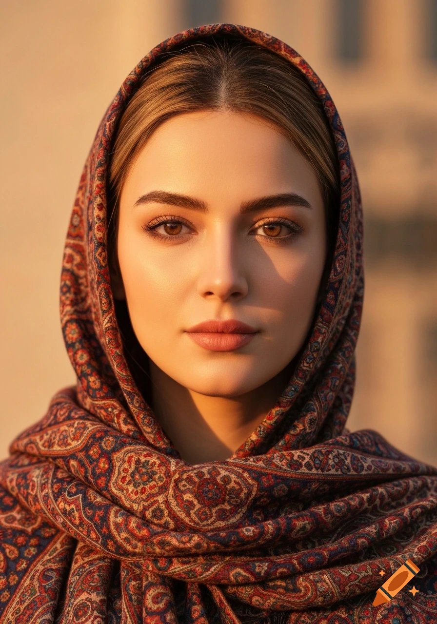 Cinematic portrait of a young woman with light brown hair, wearing a traditional Persian patterned shawl, looking at the camera in warm light.