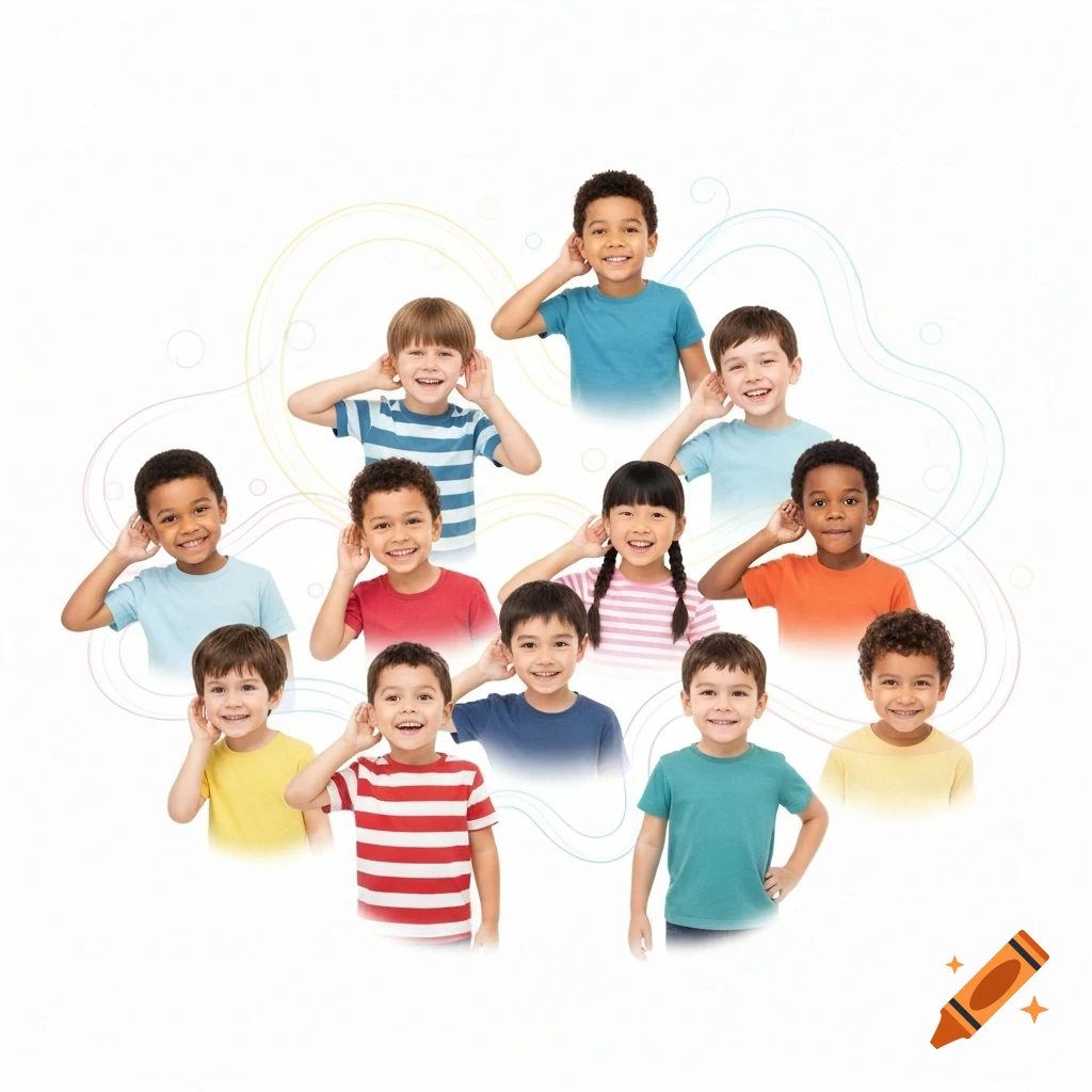 Diverse group of smiling children in clip art style, cupping their ears, against a white background with subtle swirls.