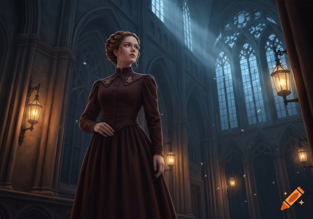 A young woman in a brown Victorian dress stands in a grand gothic hall with tall arched windows and glowing lanterns.