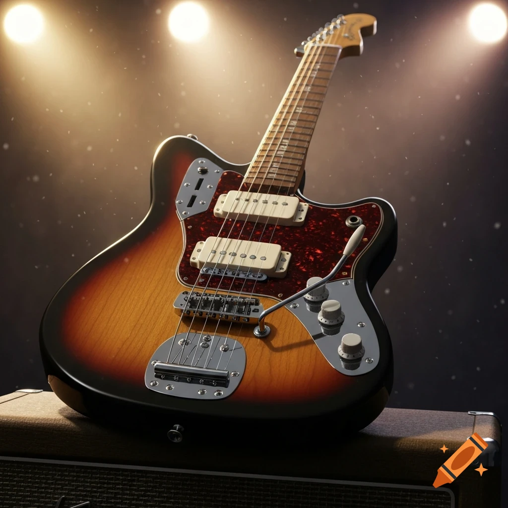 A photorealistic Fender Jaguar electric guitar with a sunburst finish and P90 pickups rests on an amplifier under stage lights.