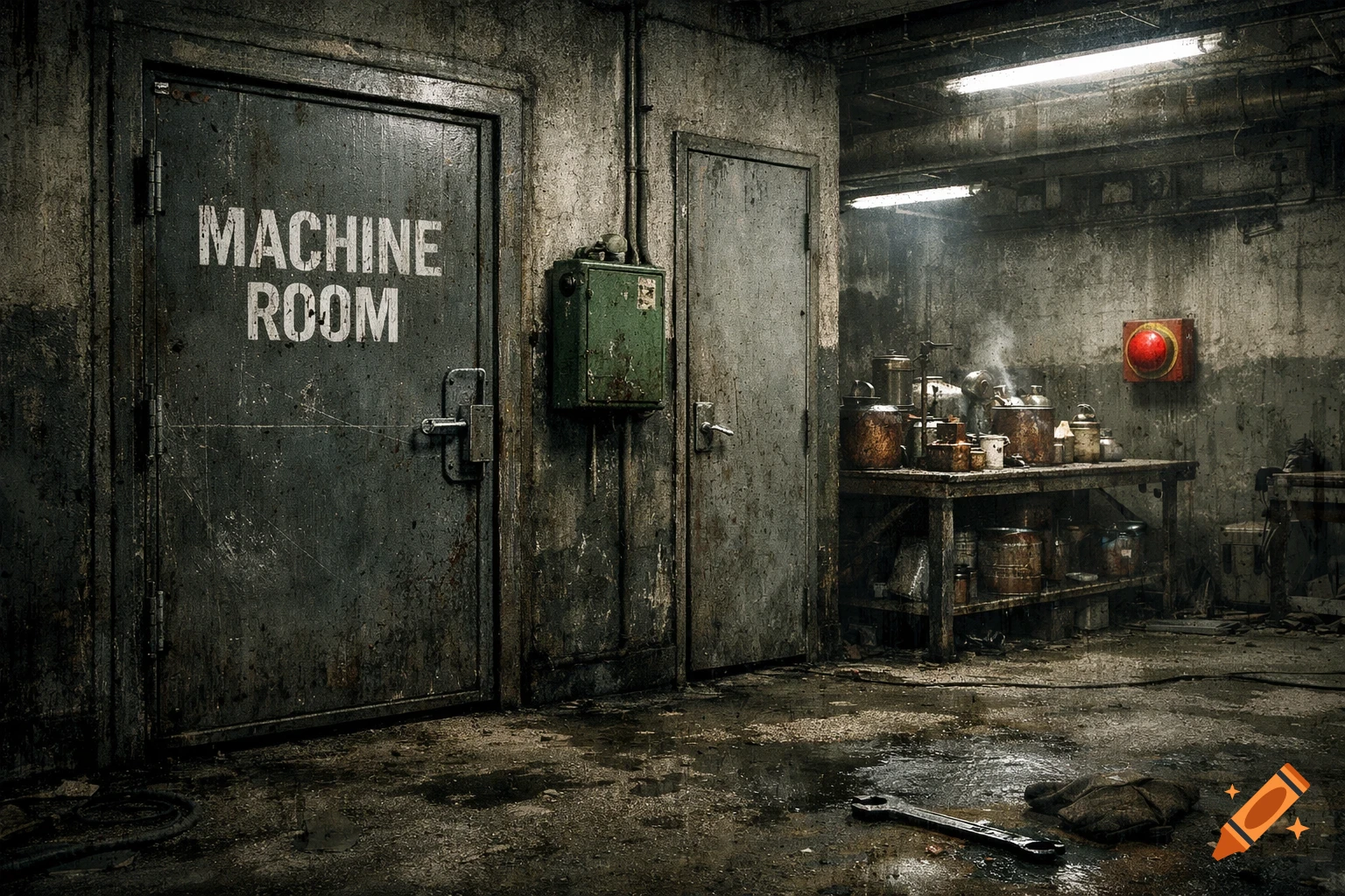 A dirty, dimly lit factory machine room with two doors, rusty containers on a table, and a wrench on the wet floor.