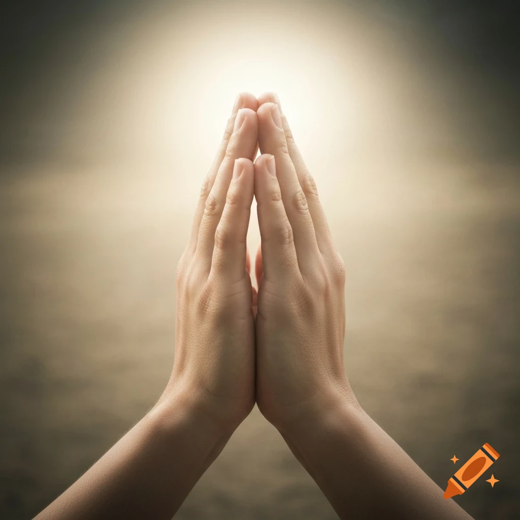 Two hands clasped together in prayer, illuminated by a soft, warm glow against a muted background.
