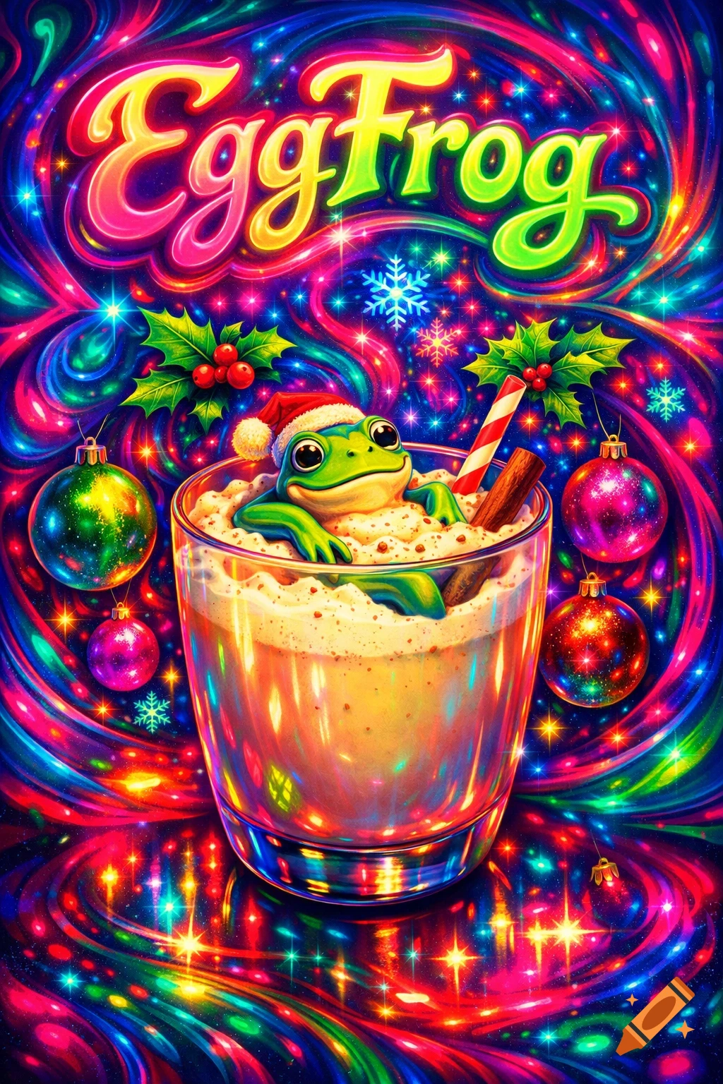 Psychedelic Christmas poster with "EggFrog" title. A frog in a Santa hat floats in eggnog, surrounded by vibrant swirls, stars, and ornaments.