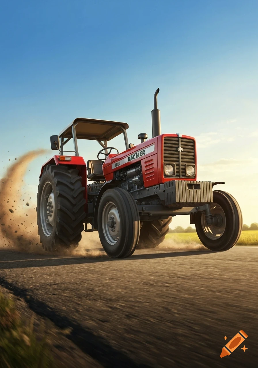 A red Eicher tractor drifts on a dirt road, kicking up dust under a bright blue sky, with fields in the background in a photorealistic style.